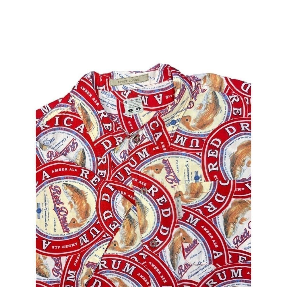 Columbia River Lodge America‎ Red Drum Ale Button Up Short Sleeve Shirt Size L